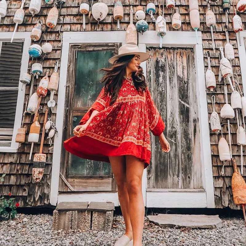 Red Bohemian Floral Tunic Dress