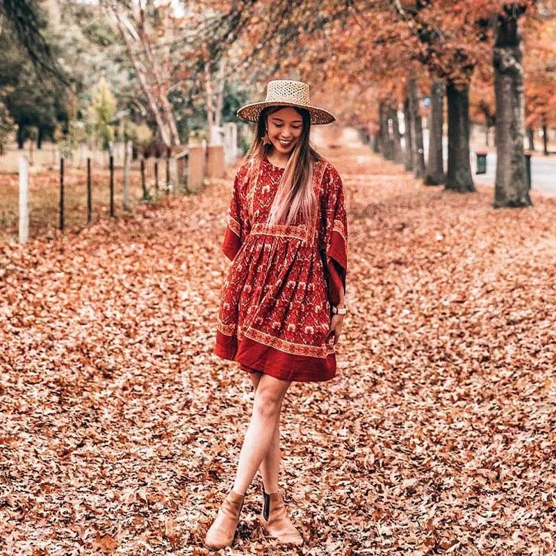Red Bohemian Floral Tunic Dress