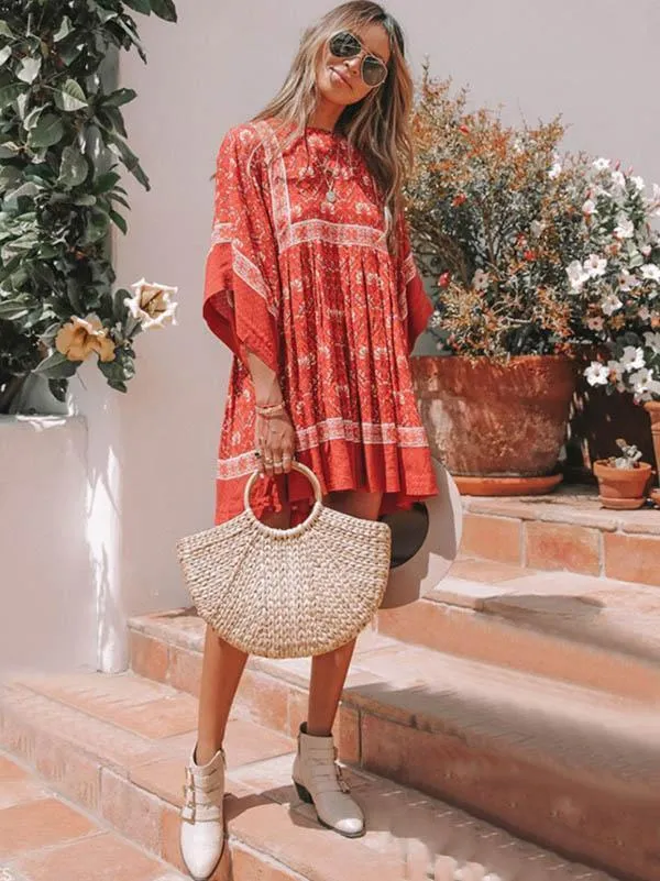 Red Bohemian Floral Tunic Dress