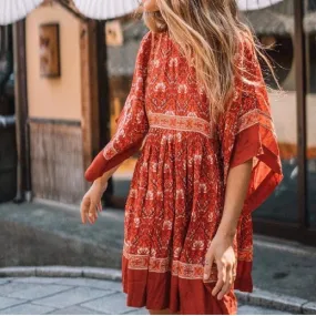 Red Bohemian Floral Tunic Dress