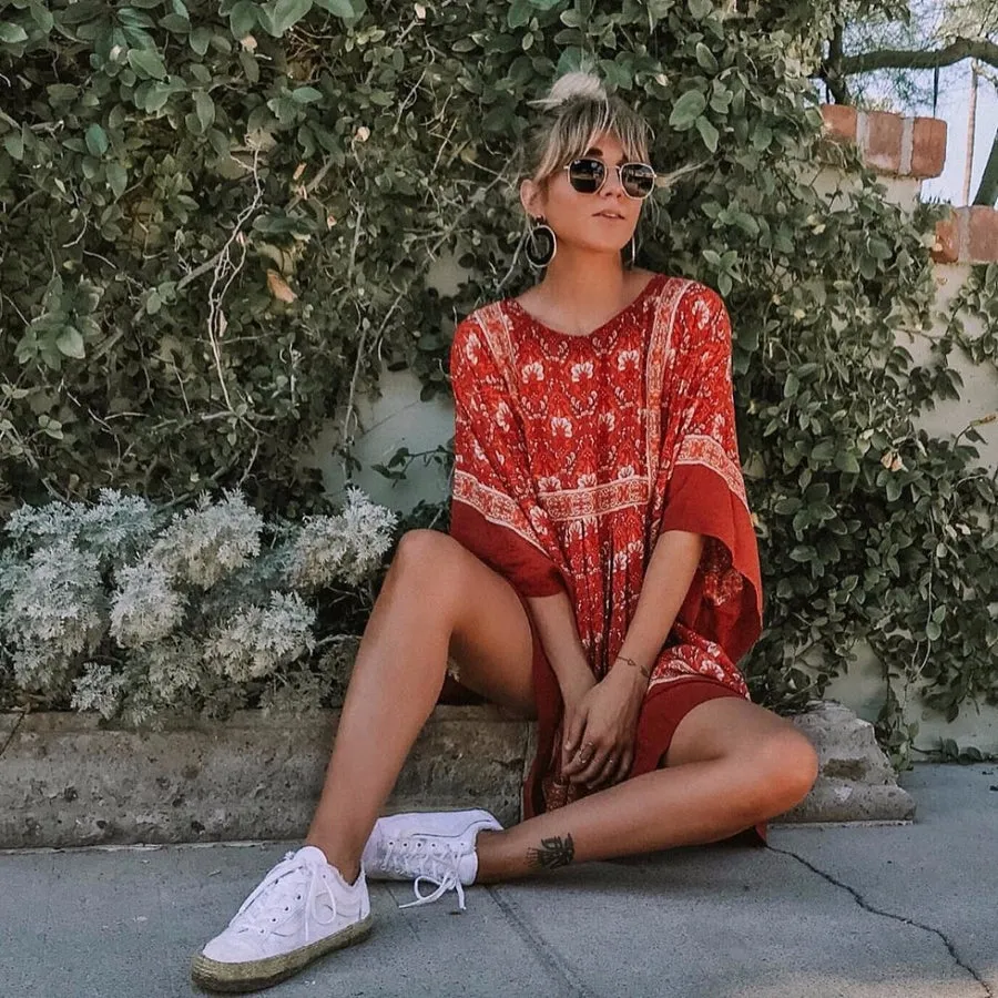 Red Bohemian Floral Tunic Dress