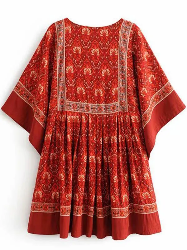 Red Bohemian Floral Tunic Dress
