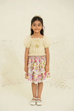 Set of Kiara Girls Top and Giada Skirt - Ecru/Ecru Print