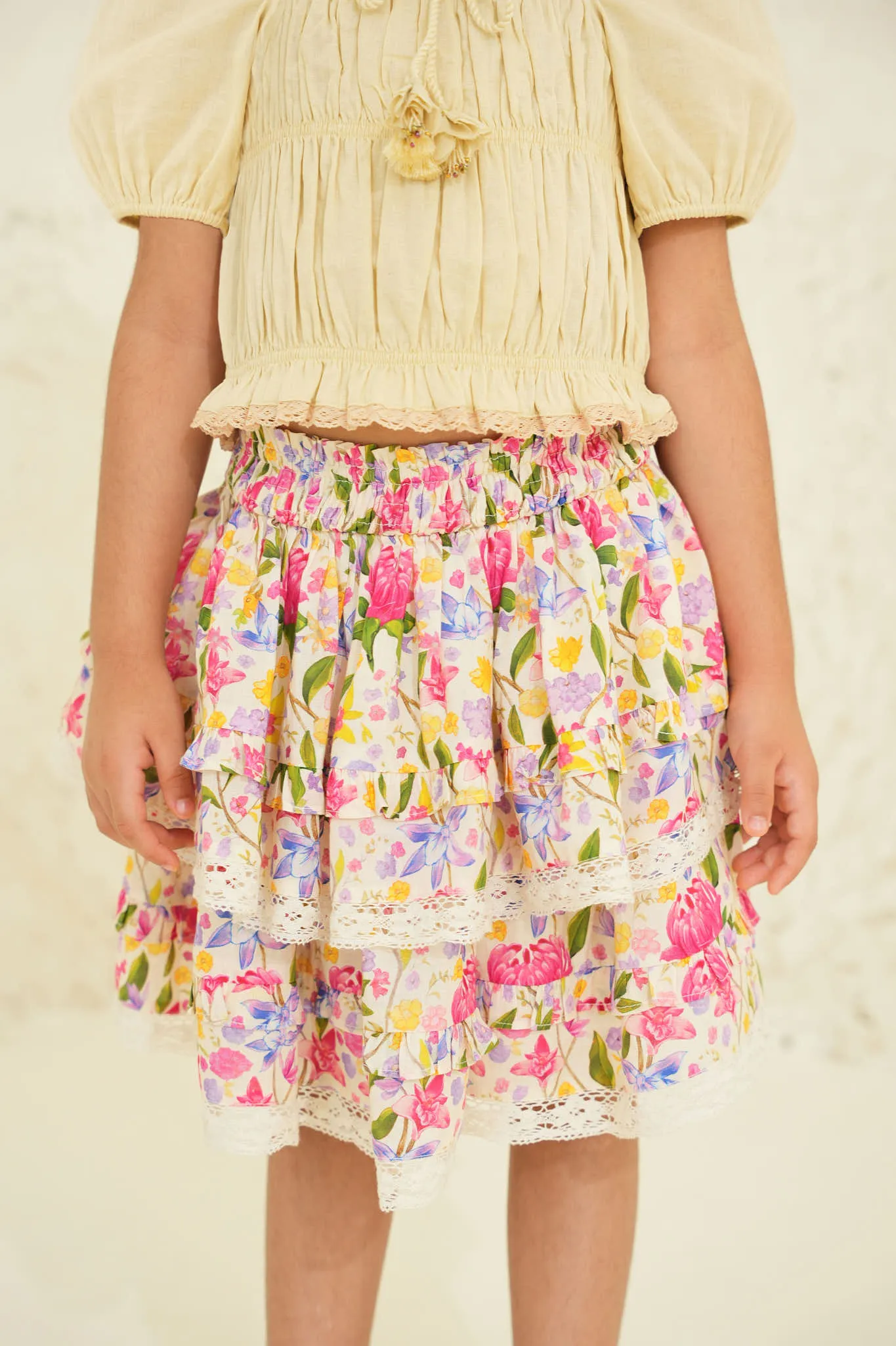 Set of Kiara Girls Top and Giada Skirt - Ecru/Ecru Print
