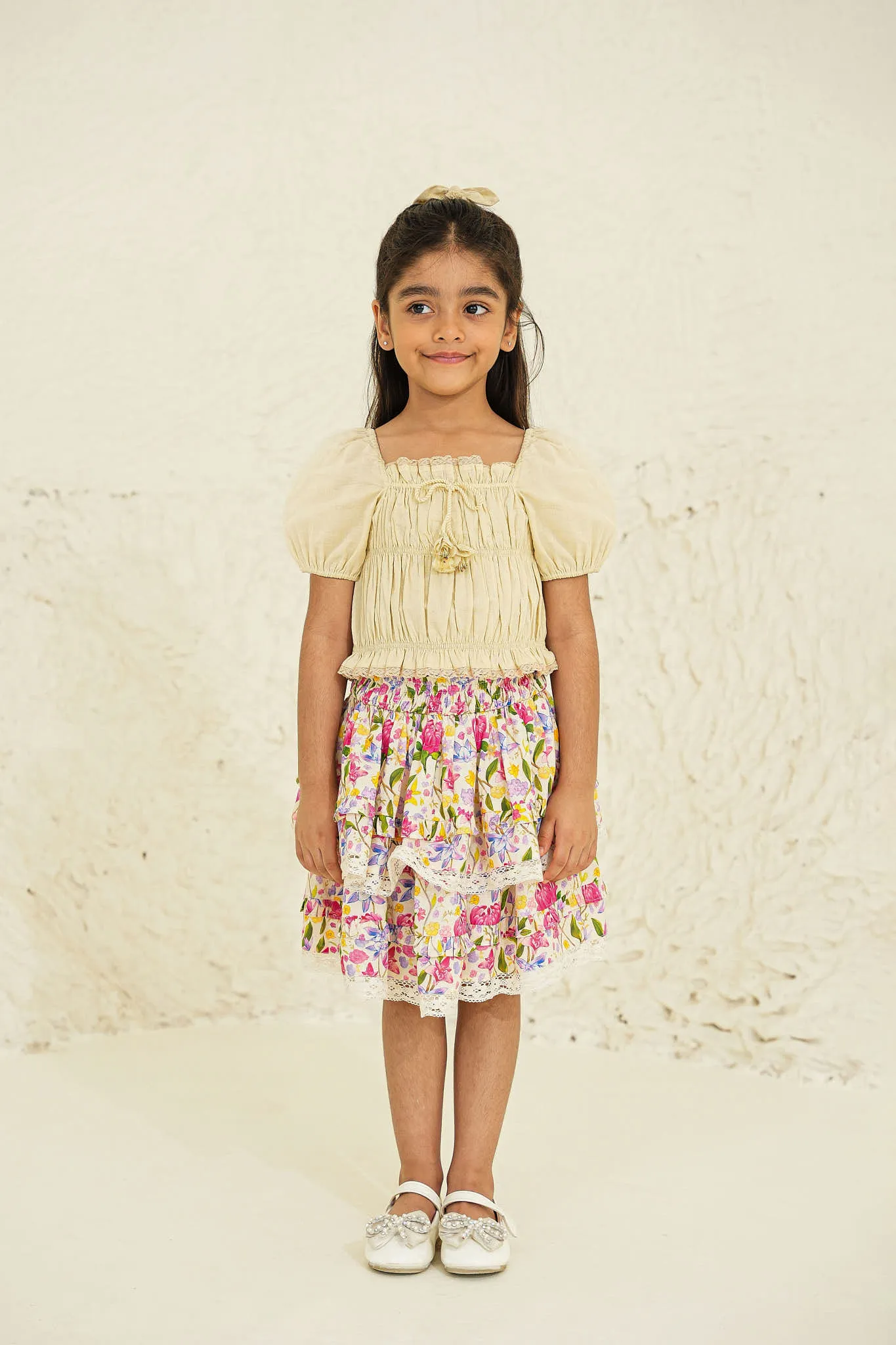 Set of Kiara Girls Top and Giada Skirt - Ecru/Ecru Print