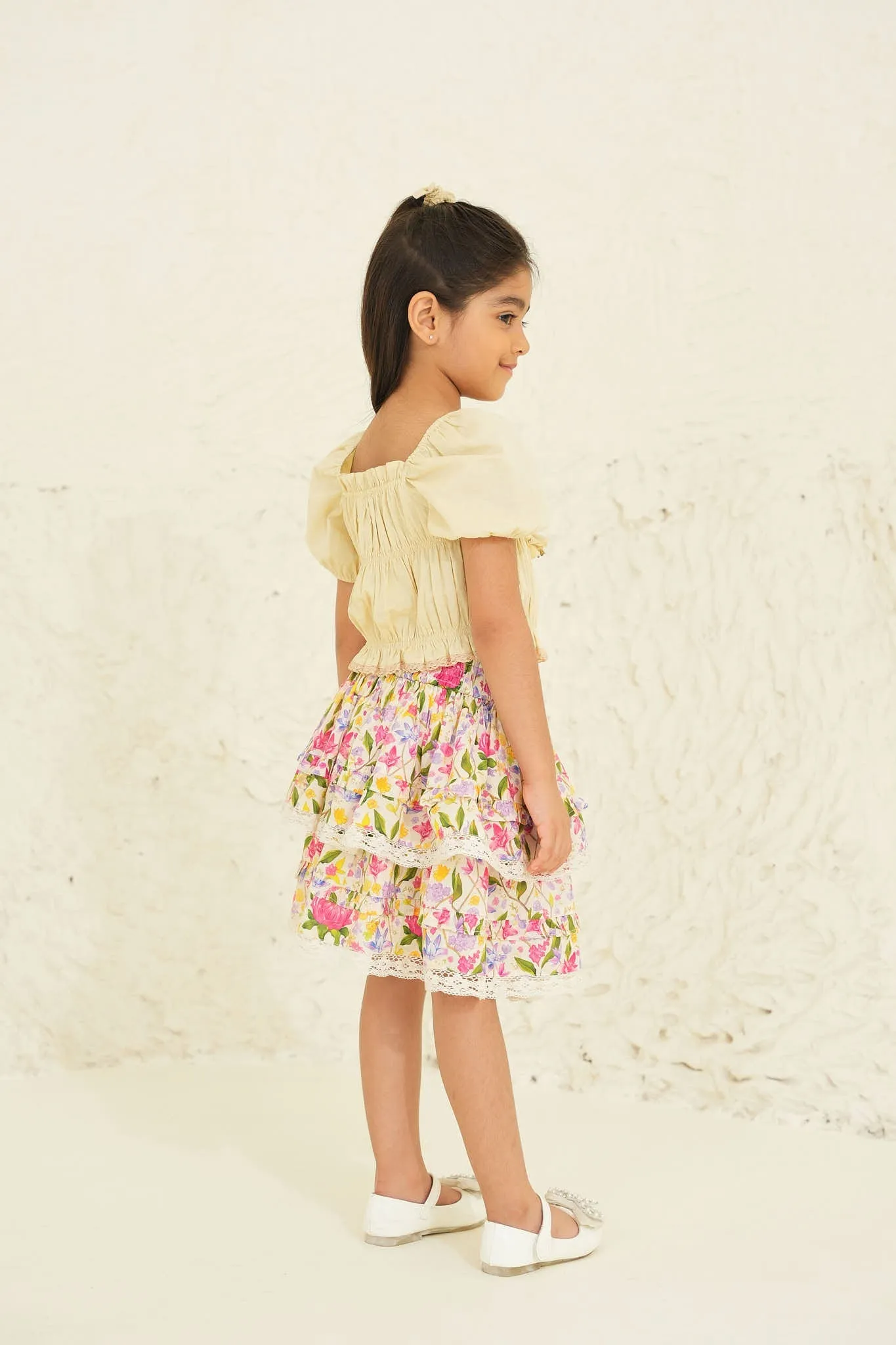 Set of Kiara Girls Top and Giada Skirt - Ecru/Ecru Print