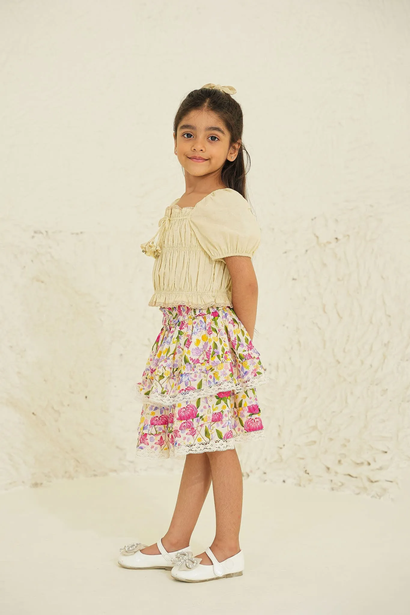 Set of Kiara Girls Top and Giada Skirt - Ecru/Ecru Print