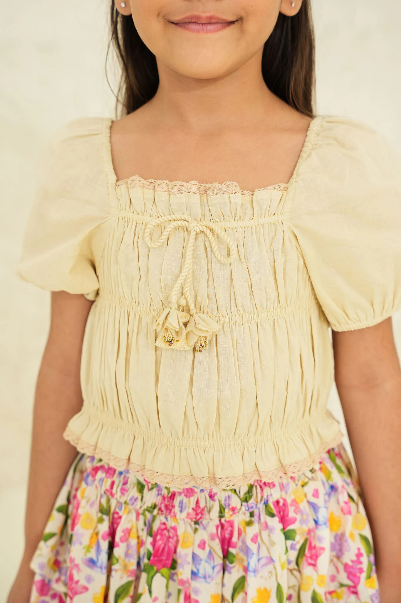 Set of Kiara Girls Top and Giada Skirt - Ecru/Ecru Print