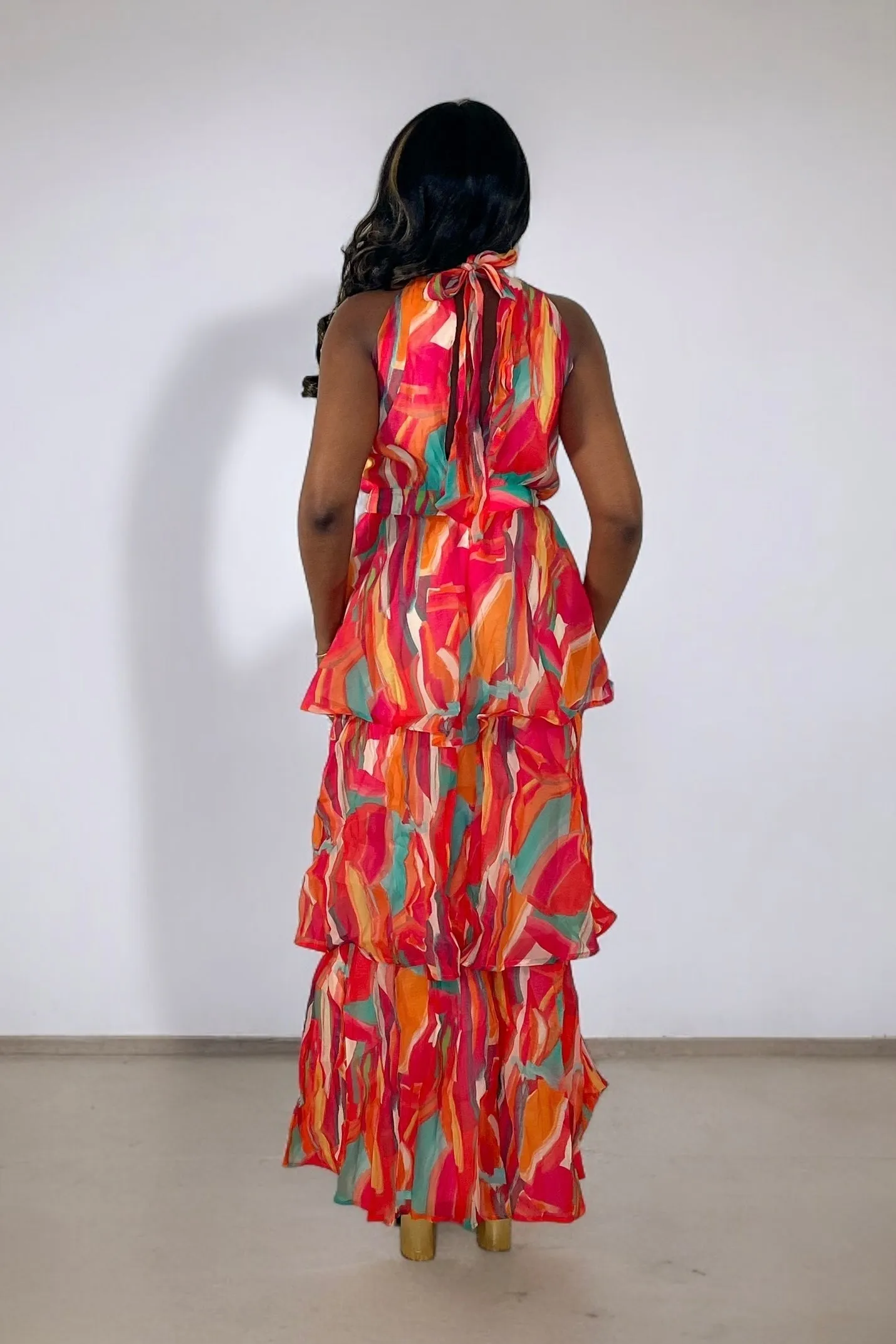 Sunset Senorita Tiered Layered Maxi Dress - Red/Orange Multi