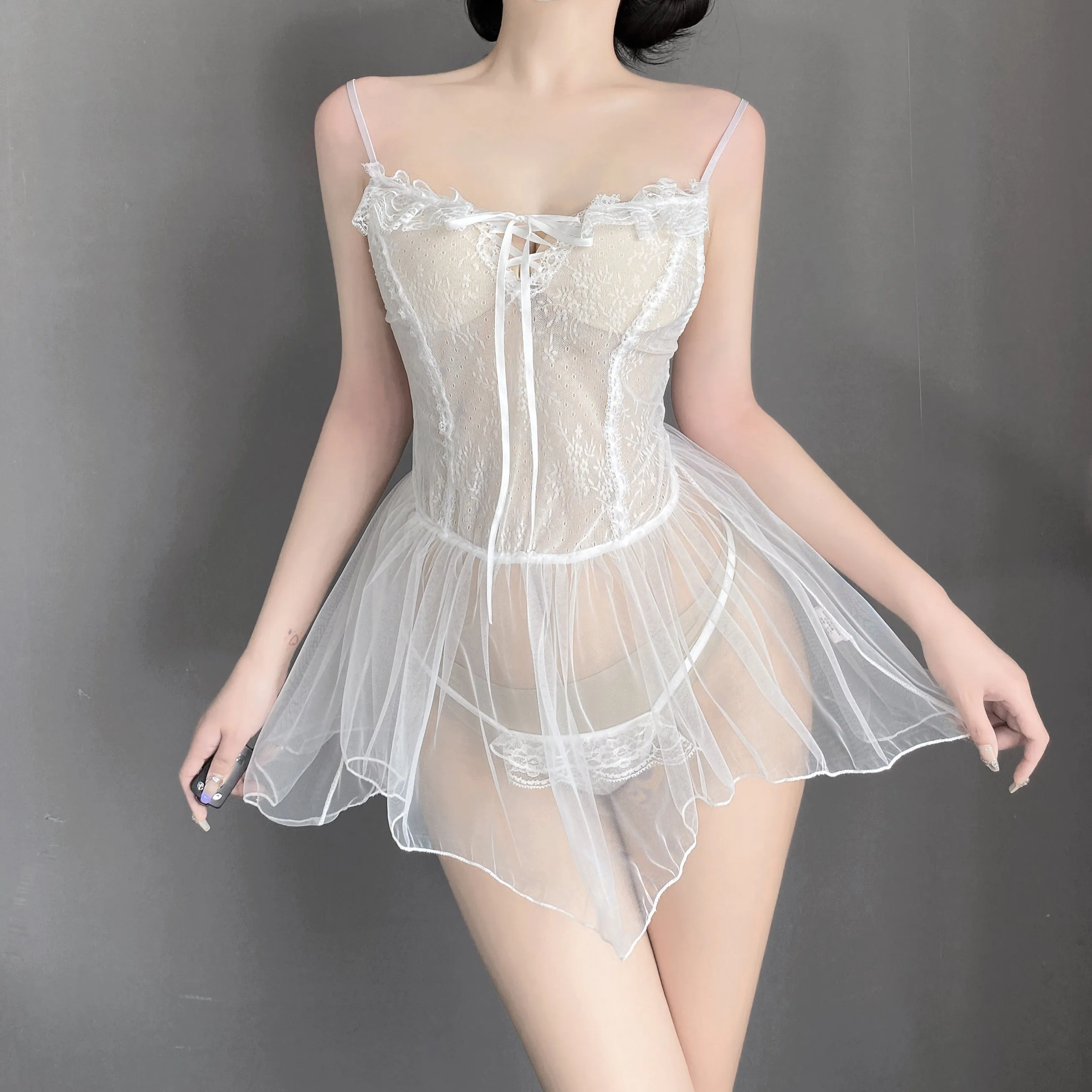 T-9151  Sexy lace sheer bow no-take off slip nightdress