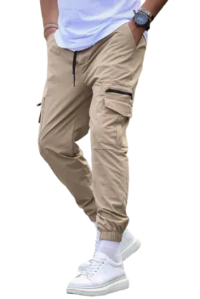 Tan Men's Stretch Cargo Elastic Bottom Joggers 2 Pockets with Zipper Slim Fit
