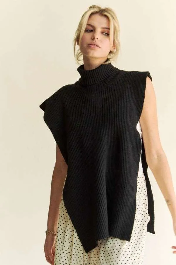 TEEK - Black Side Split Turtleneck Sleeveless Knit Top