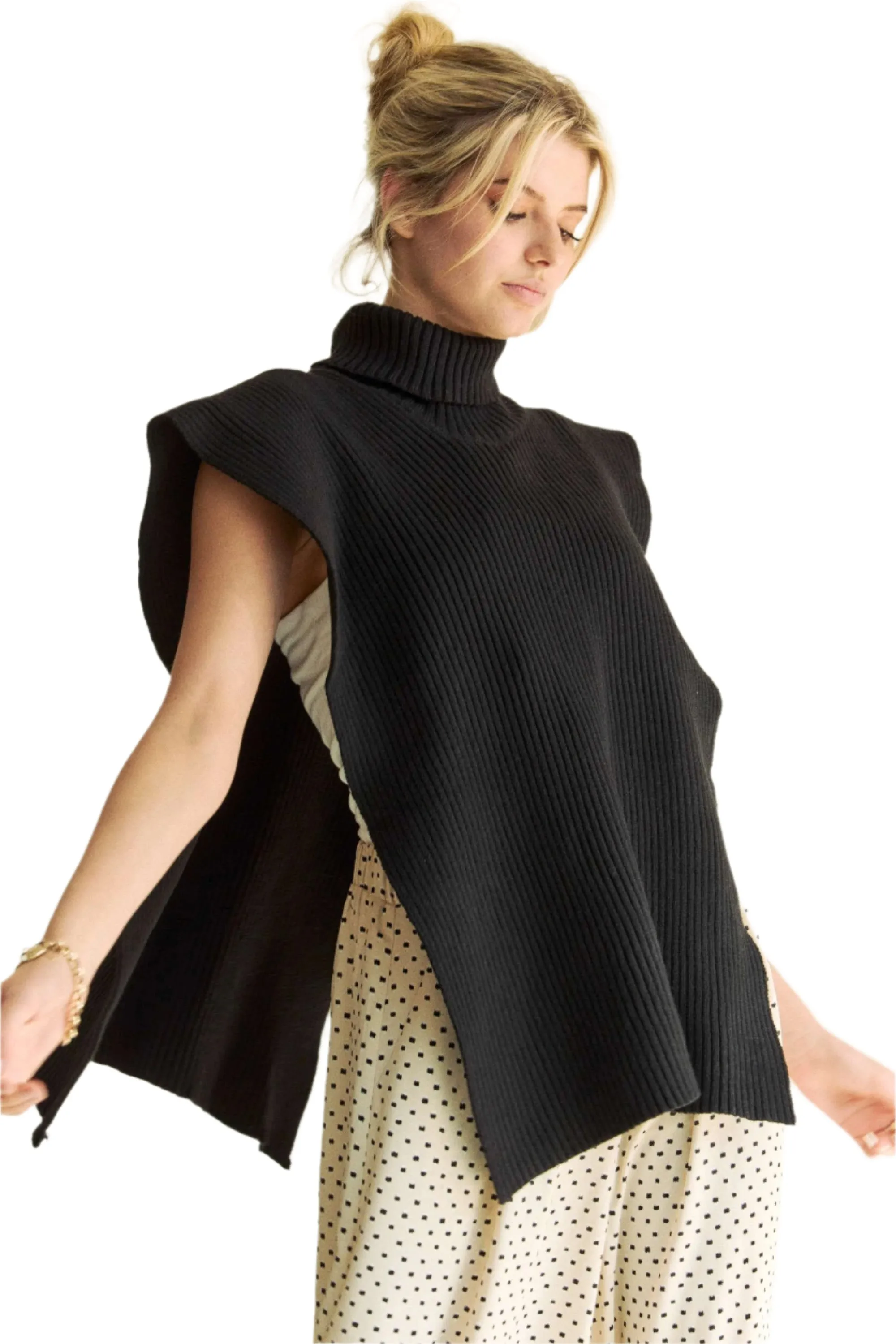 TEEK - Black Side Split Turtleneck Sleeveless Knit Top