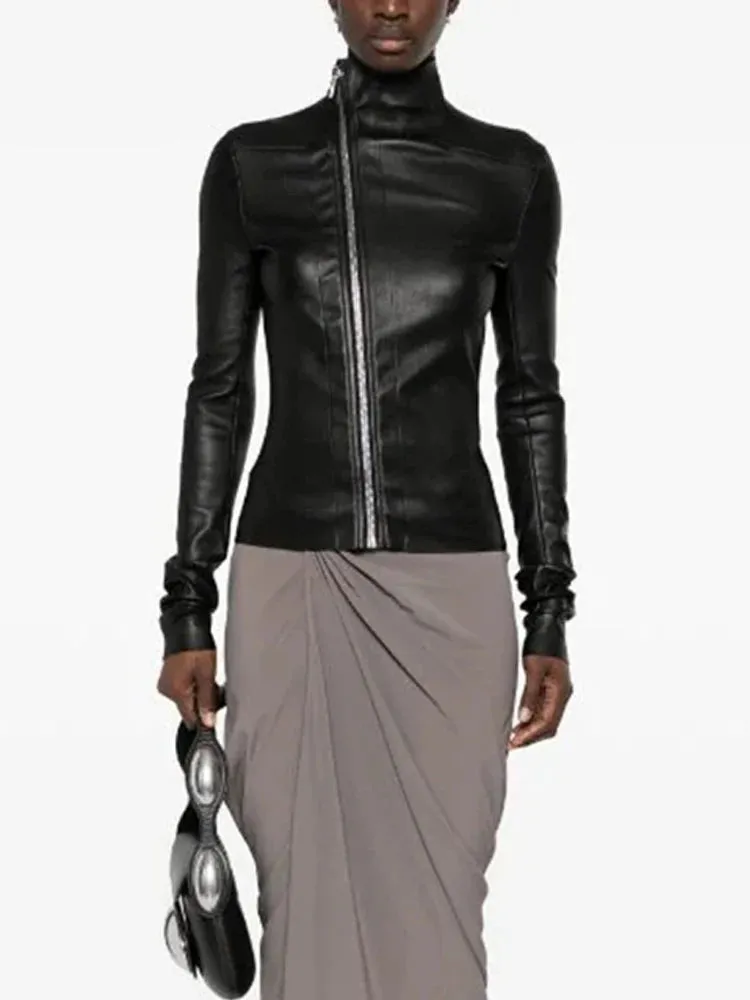 Trend4us Women's Sleek Faux Leather Turtleneck Zipper Jacket