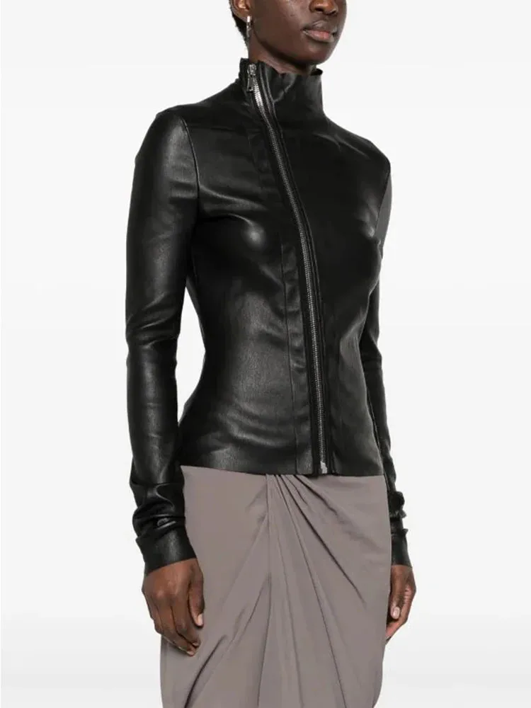 Trend4us Women's Sleek Faux Leather Turtleneck Zipper Jacket