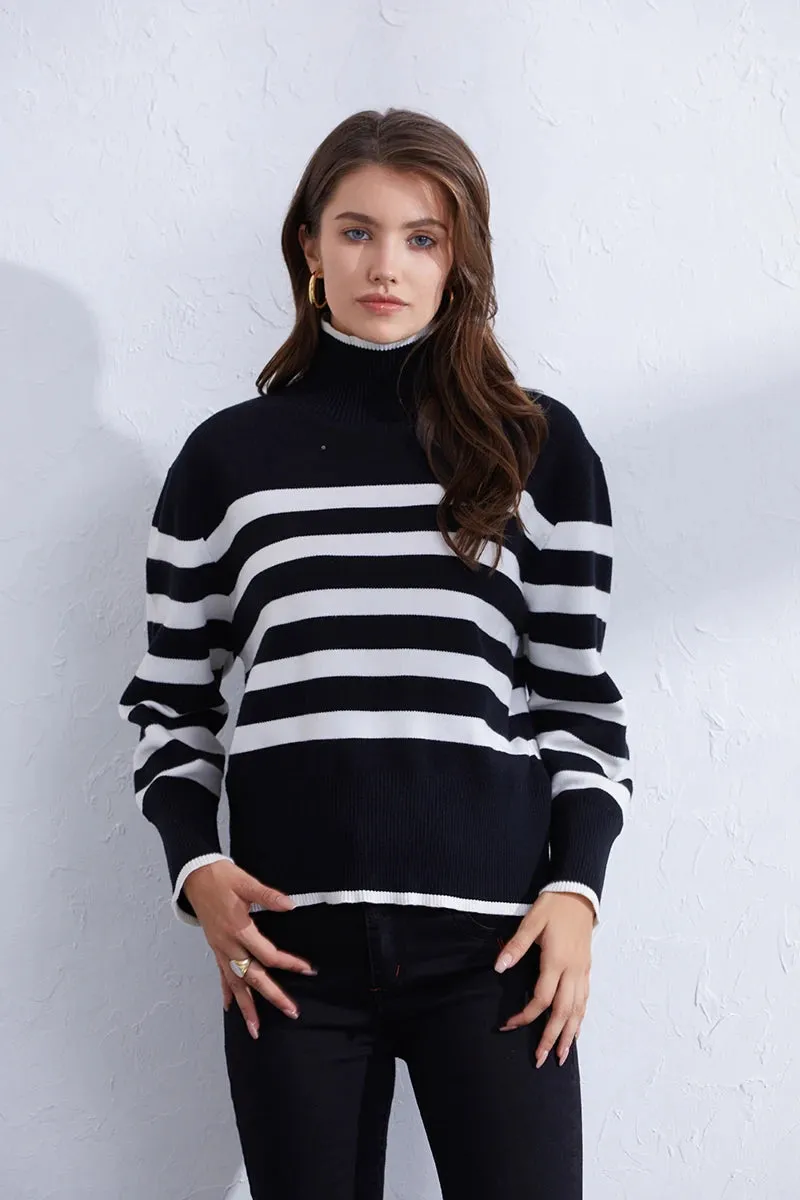 Trendy Pink & Orange Striped Turtleneck Sweater