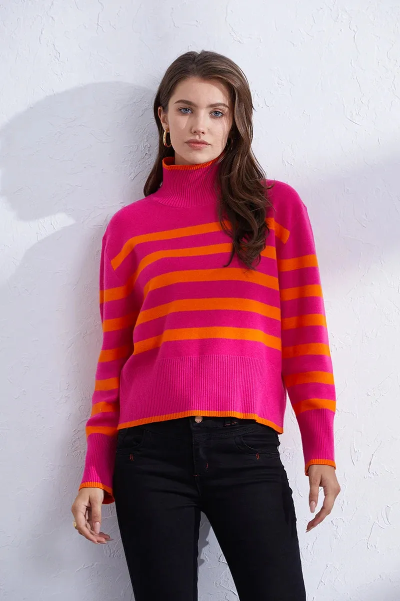 Trendy Pink & Orange Striped Turtleneck Sweater