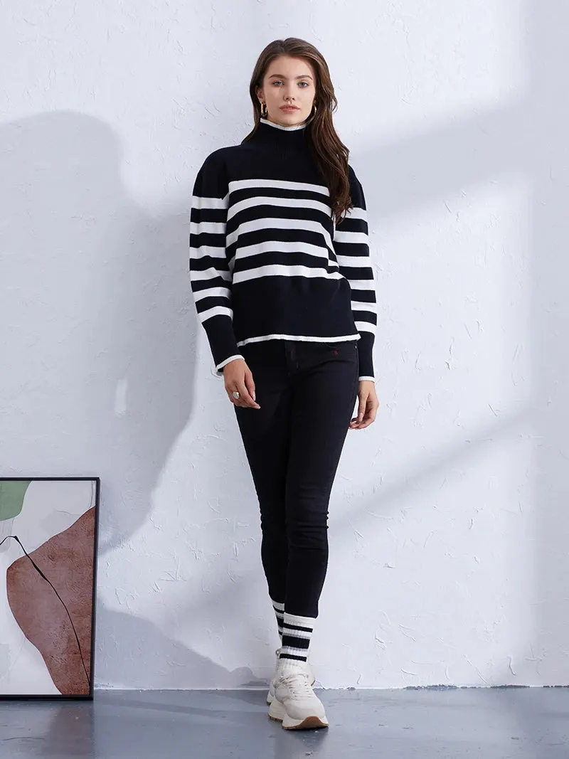 Trendy Pink & Orange Striped Turtleneck Sweater