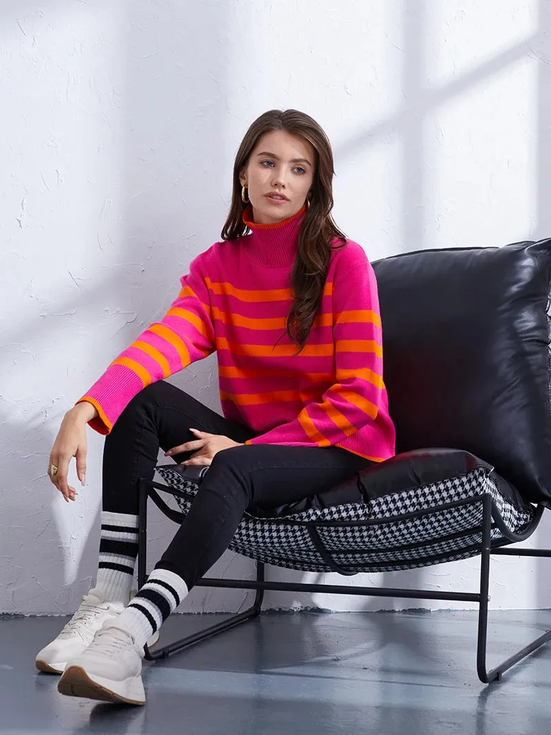 Trendy Pink & Orange Striped Turtleneck Sweater