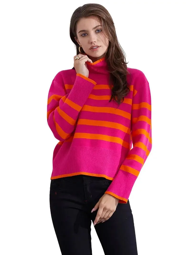Trendy Pink & Orange Striped Turtleneck Sweater