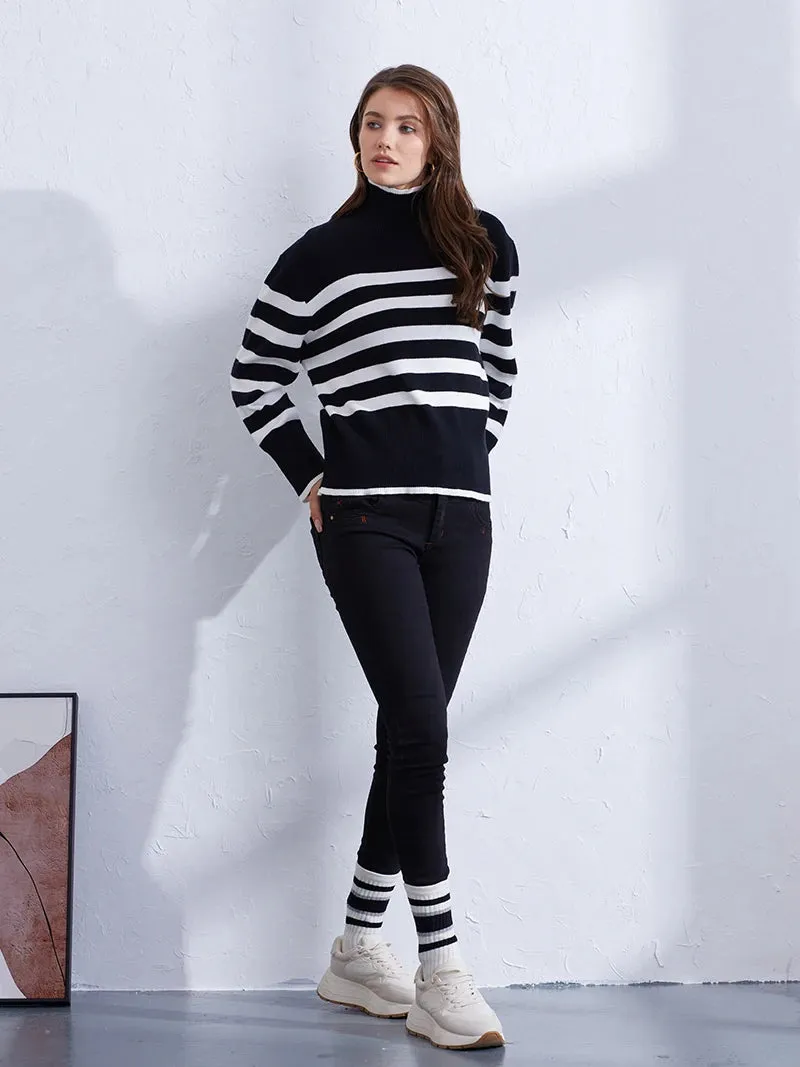 Trendy Pink & Orange Striped Turtleneck Sweater