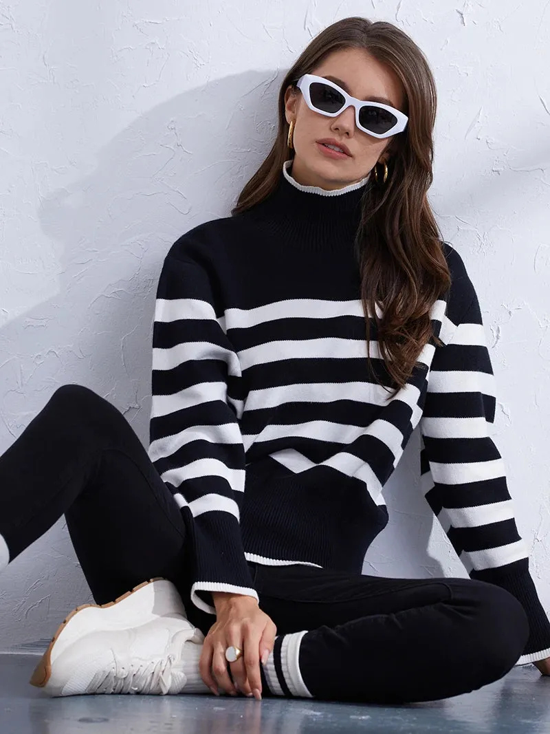 Trendy Pink & Orange Striped Turtleneck Sweater