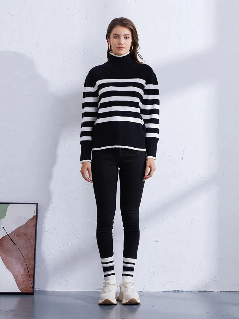 Trendy Pink & Orange Striped Turtleneck Sweater