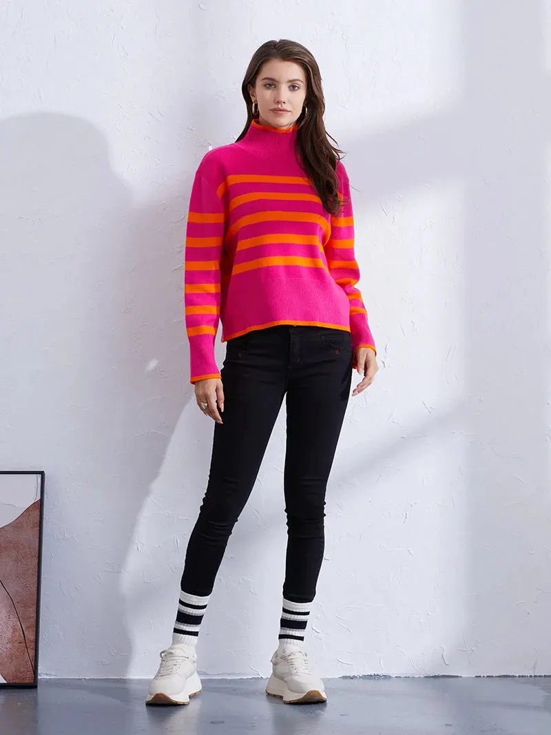 Trendy Pink & Orange Striped Turtleneck Sweater