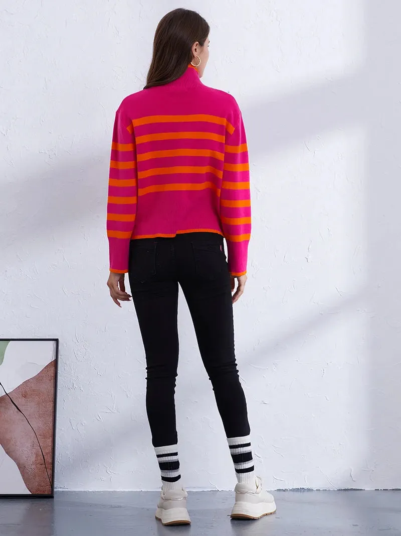 Trendy Pink & Orange Striped Turtleneck Sweater