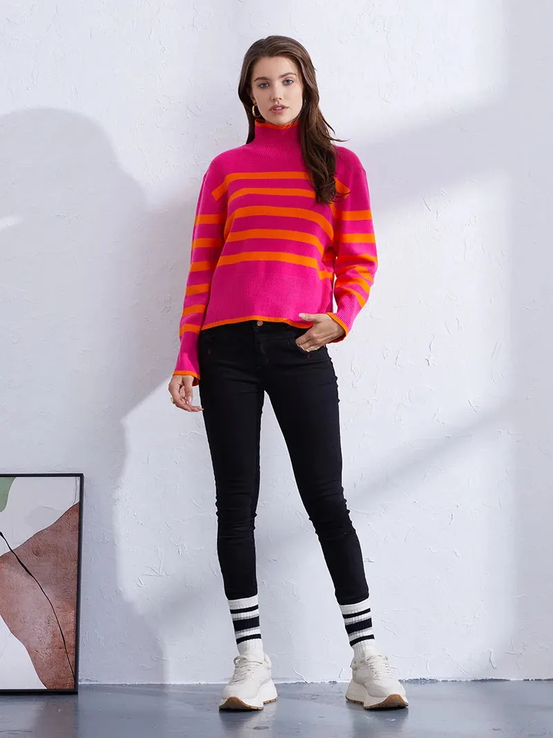 Trendy Pink & Orange Striped Turtleneck Sweater