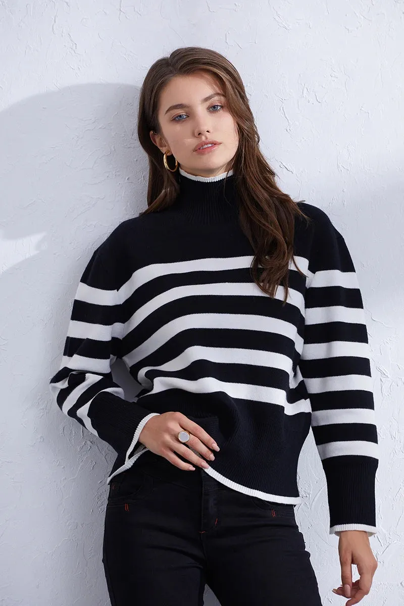 Trendy Pink & Orange Striped Turtleneck Sweater