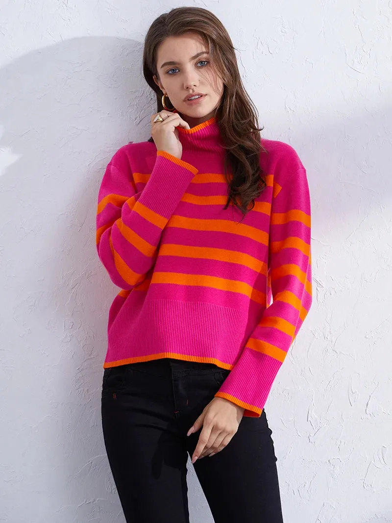 Trendy Pink & Orange Striped Turtleneck Sweater