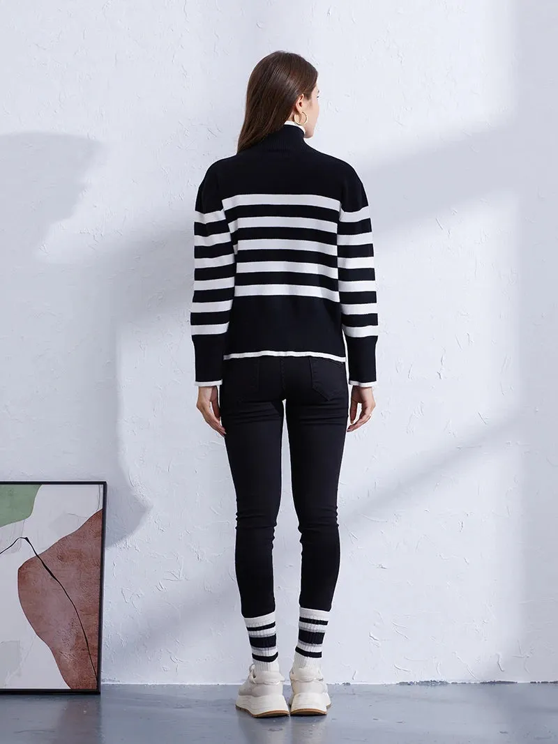 Trendy Pink & Orange Striped Turtleneck Sweater