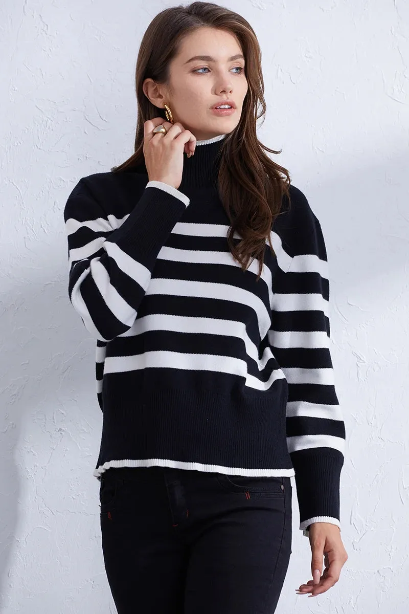 Trendy Pink & Orange Striped Turtleneck Sweater