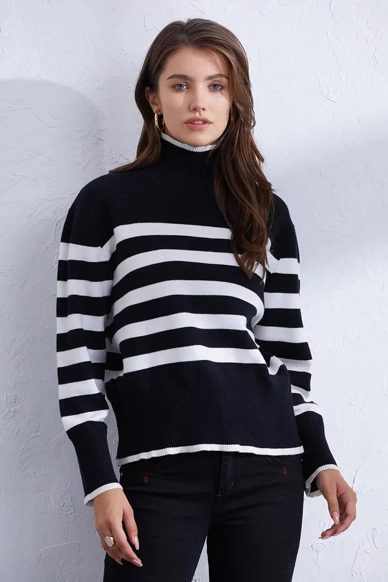 Trendy Pink & Orange Striped Turtleneck Sweater