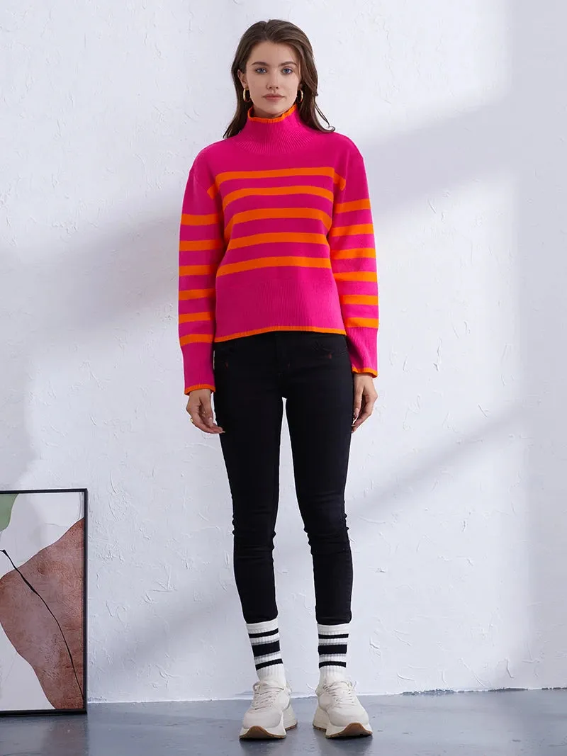Trendy Pink & Orange Striped Turtleneck Sweater
