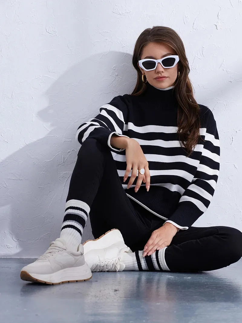 Trendy Pink & Orange Striped Turtleneck Sweater