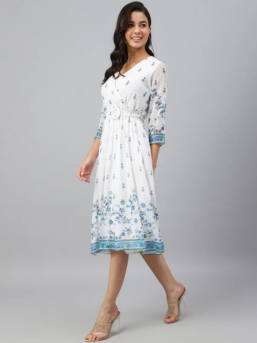 White Dobby Georgette Printed Wrap Dress