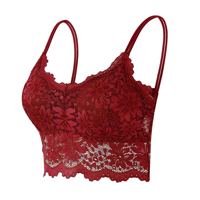 Women Sleeveless Lace Vest Bra Cropped Top Camisole Padded Tank Tops Fitness Underwear Floral Lace Bralette 7 Colors